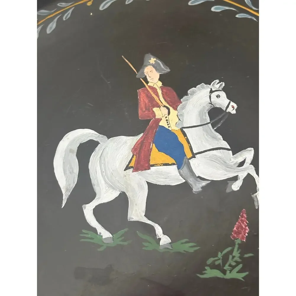 Vintage hand painted Colonial soldier horse round black metal serving tray 13”